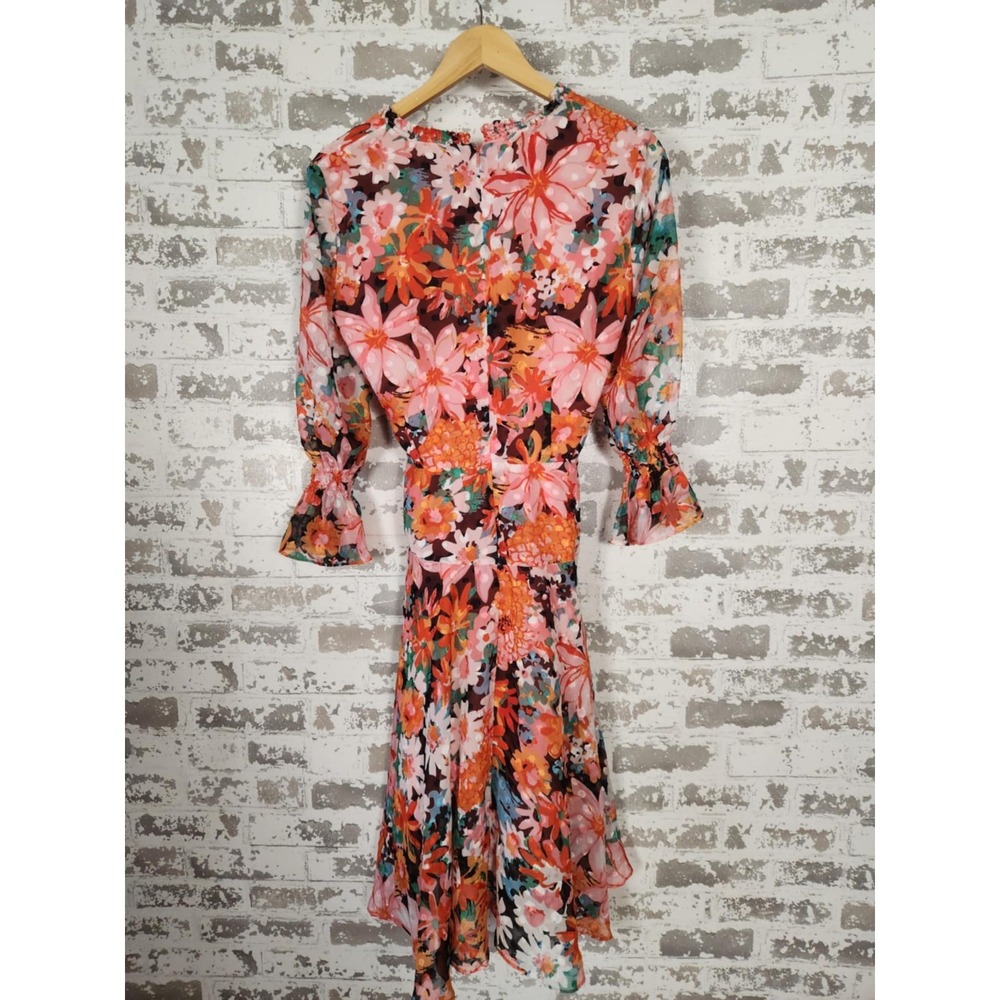 Tahari Arthur S. Levine Faux Wrap Dress Size 8 Red Pink Floral Belted 3/4 Sleeve - Picture 7 of 16